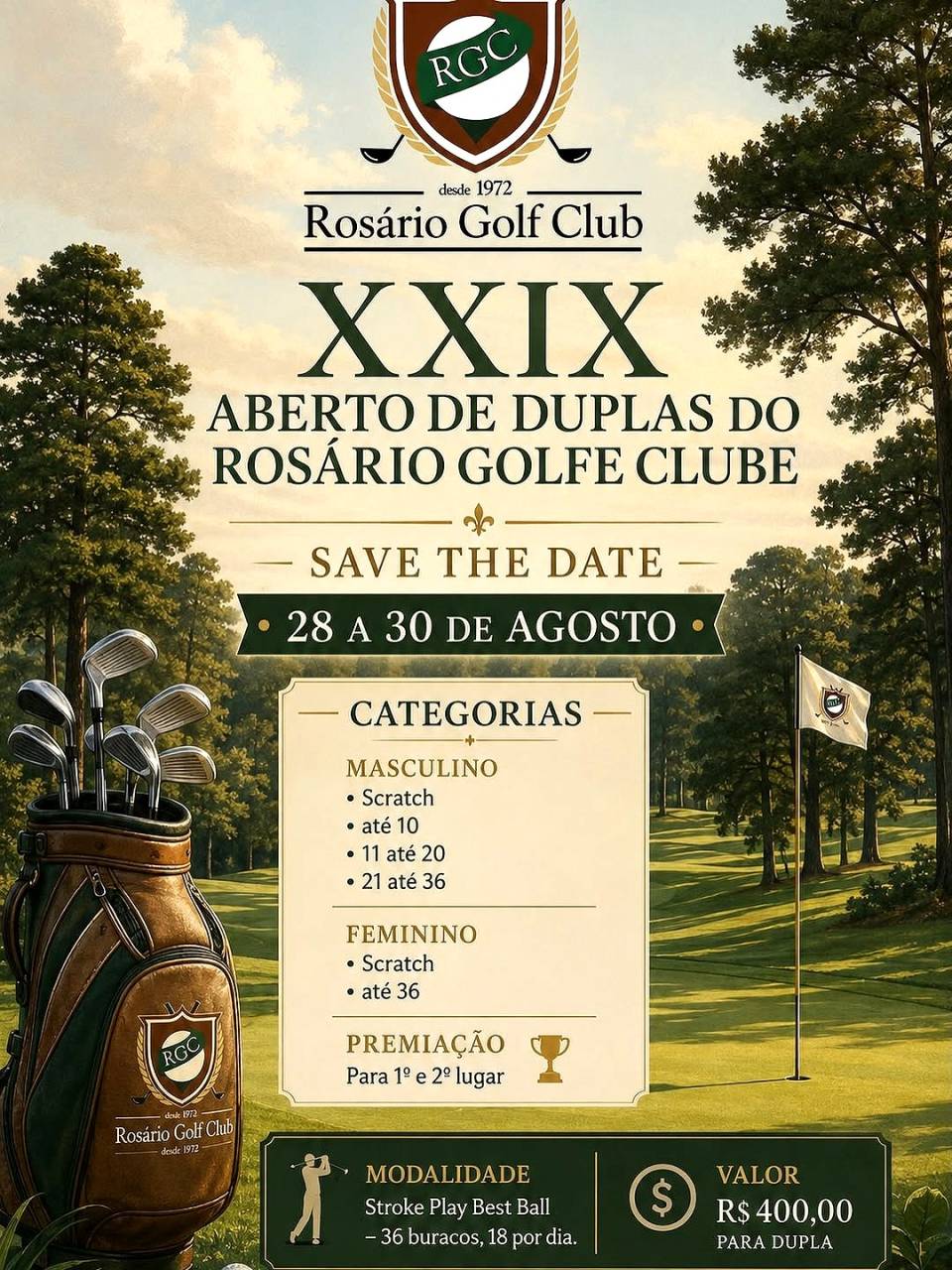 XXIX Aberto de Duplas do Rosário Golf Club de 28 a 30 de agosto